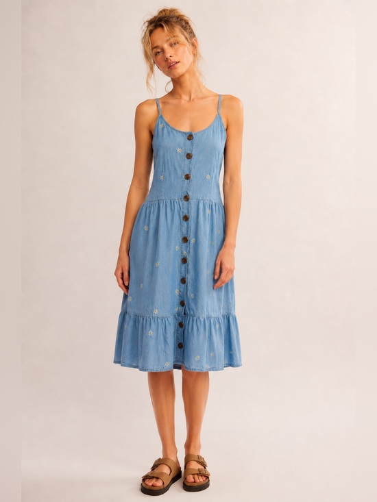 Japna Dresses & Skirts - Japna Chambray Daisy Floral Embroidered Sundress Smocked Dress Large Festival